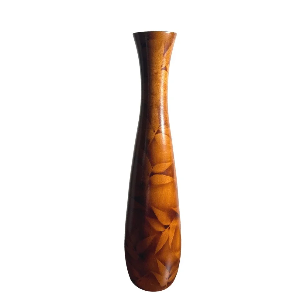 Vase Handcrafted Thai Wood Leaf Pattern Tapered Decorative Tabletop Floor Brown